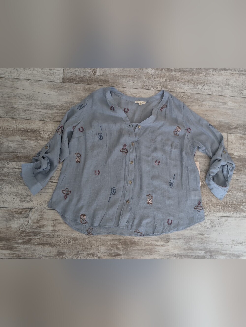 fig and flower Sky Blue Embroidered Button-Down Shirt - Picture 5 of 8